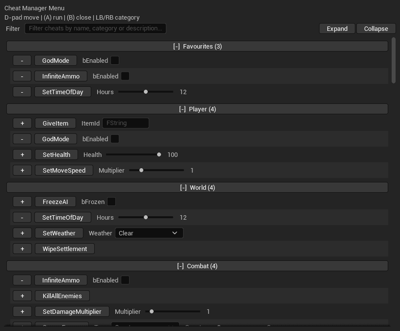 Cheat Manager Menu open in PIE, showing Favourites, Player, World and Combat sections